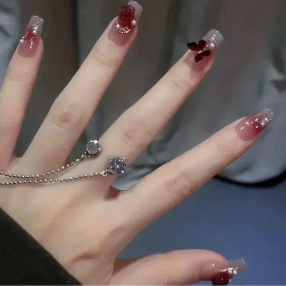 Rose Butterfly cover with White Pearl Press on nail nude color - Picture 4 of 5